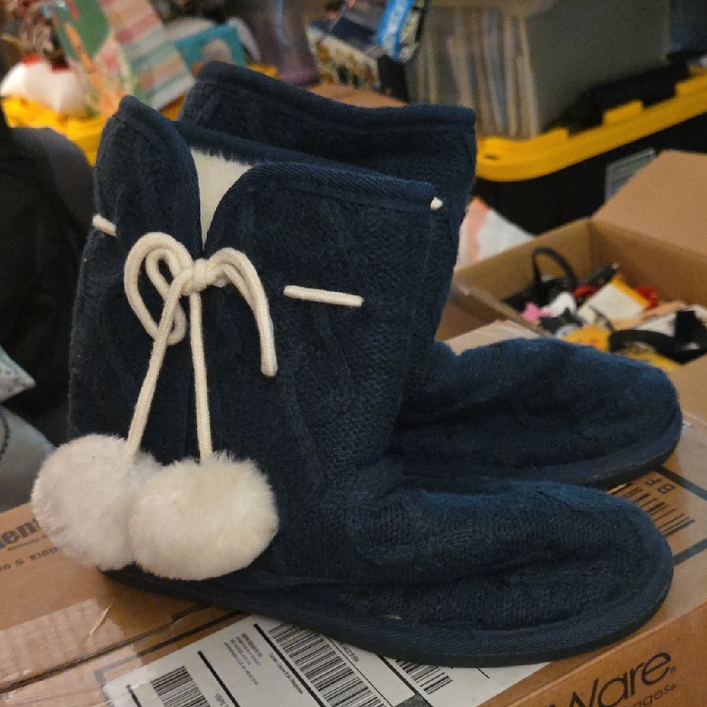 Cozy Blue Knit Slipper Boots with Pom Poms